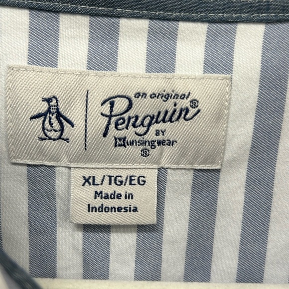 Penguin Mens Shirt Extra Large White Blue Stripe Button Down Short Sleeve Logo - Picture 3 of 6